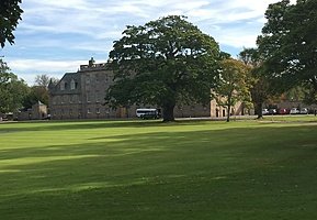 The big estate of Gordonstoun in the background, infront green and a tree