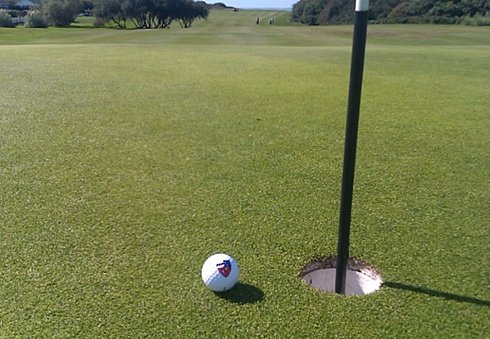Close-up of a golf ball resting near the hole on a green golf course.