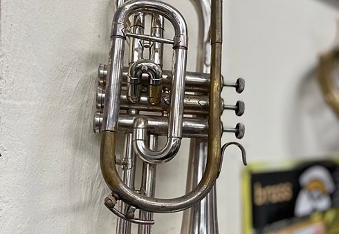 A close-up of a vintage trumpet