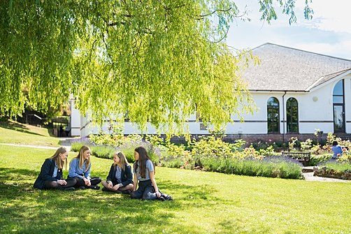 students in their uniforms are sitting underneath a tree on the grass chatting