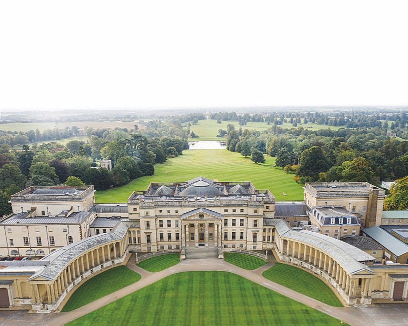 areal view of the impressive symmetric Stowe School complex and park like campus stretching out into the far distance