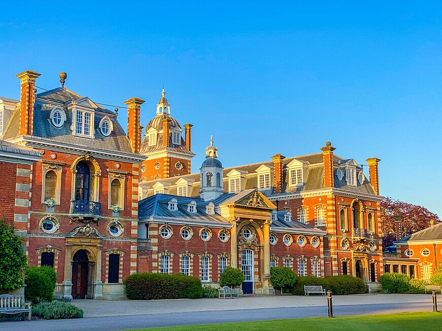 The stunning Wellington College from the front before sunset