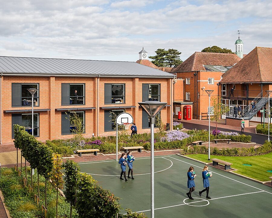 A basketball court inbewteen the boarding houses at Dauntsey's School