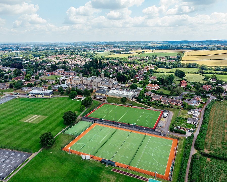 Aerial view of boarding school sports grounds and playing fields