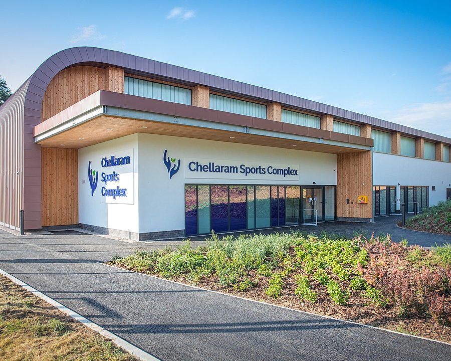 The modern building of the Chellaram Sports Complex at Clifton College