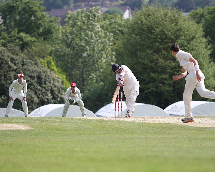 Cricket players in white uniforms playing on a sunny field surrounded by trees.