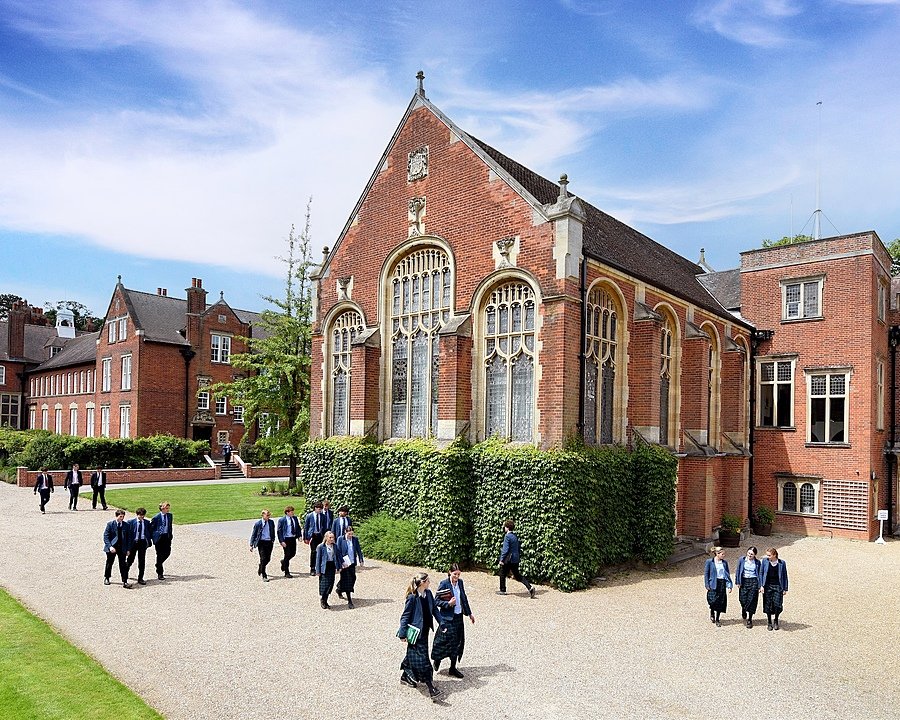 Gresham's School with students on the campus in their uniforms