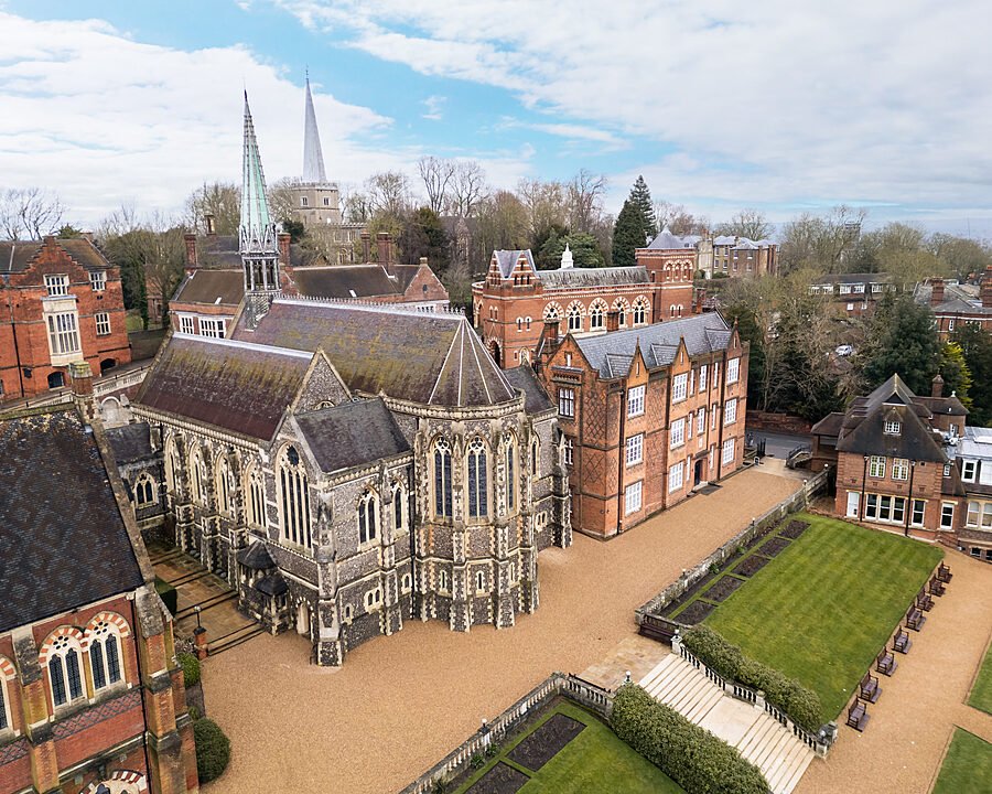 the impressive Harrow School with campus slightly from above