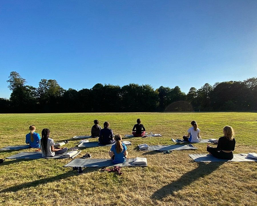 Students sit on yoga mats in a large open field, meditating or stretching under a clear blue sky.
