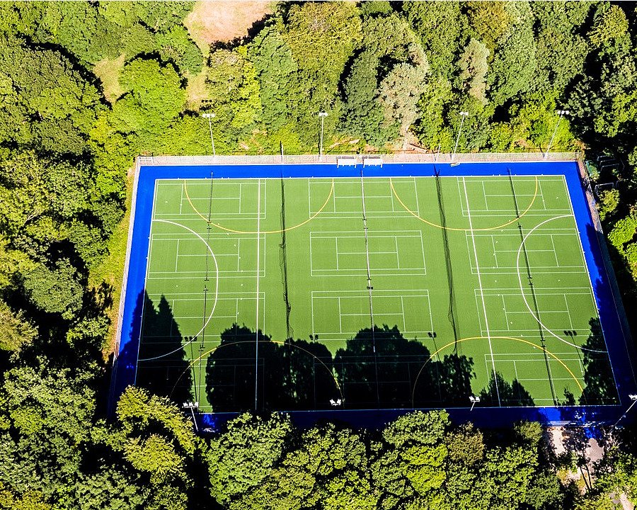 Aerial view of an all-weather hockey pitch surrounded by trees.