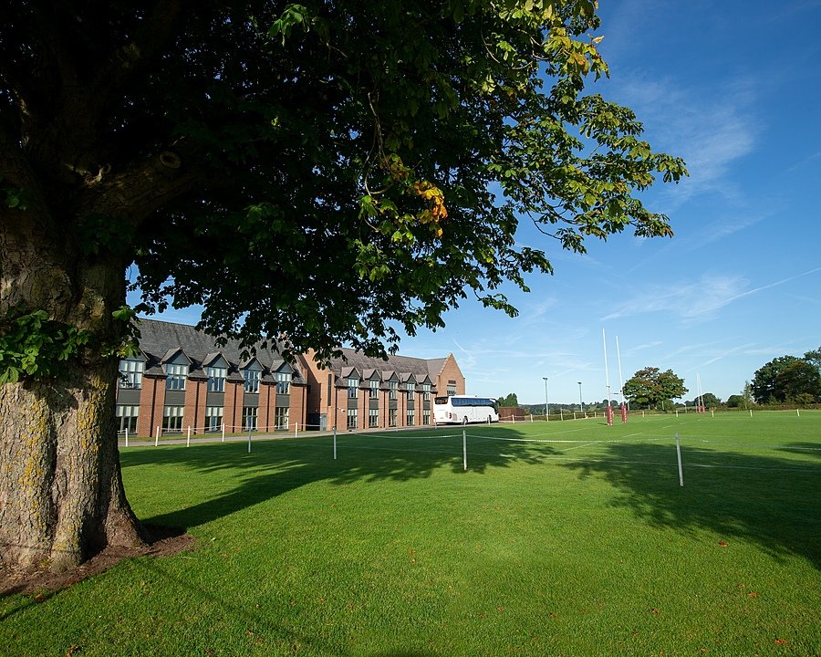 An acorn tree on a green lawn with an imposing school building in the background