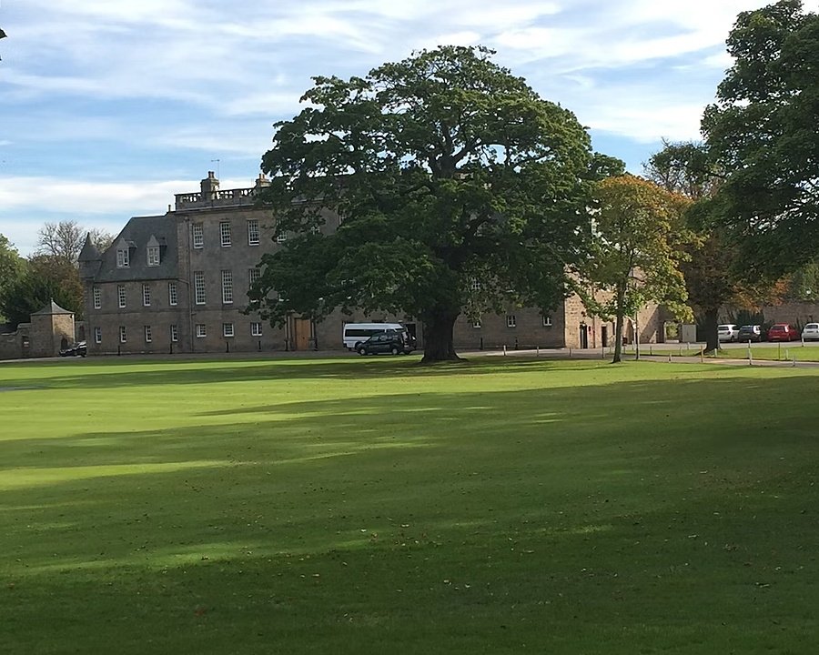 The big estate of Gordonstoun in the background, infront green and a tree