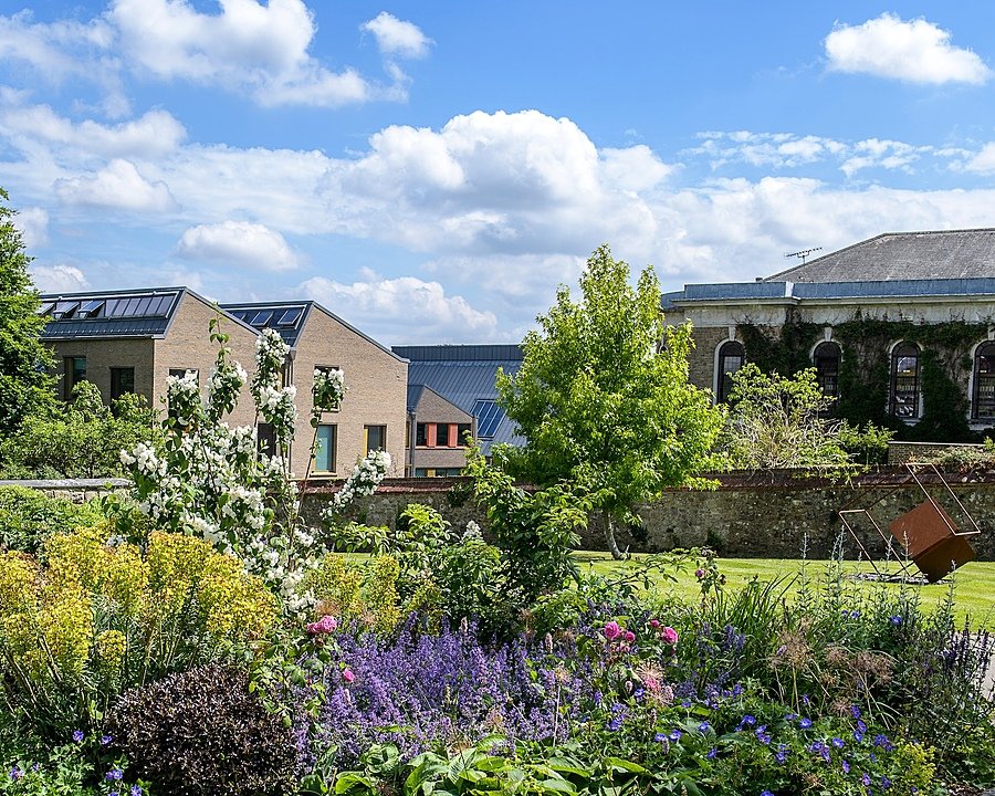 A colourful garden with flowers and greenery surrounding modern and historic school buildings.
