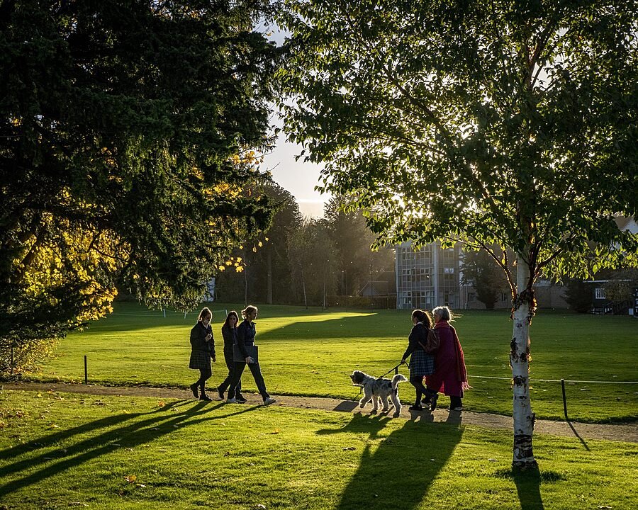 Students and other people with a dog on a lead walking through a park