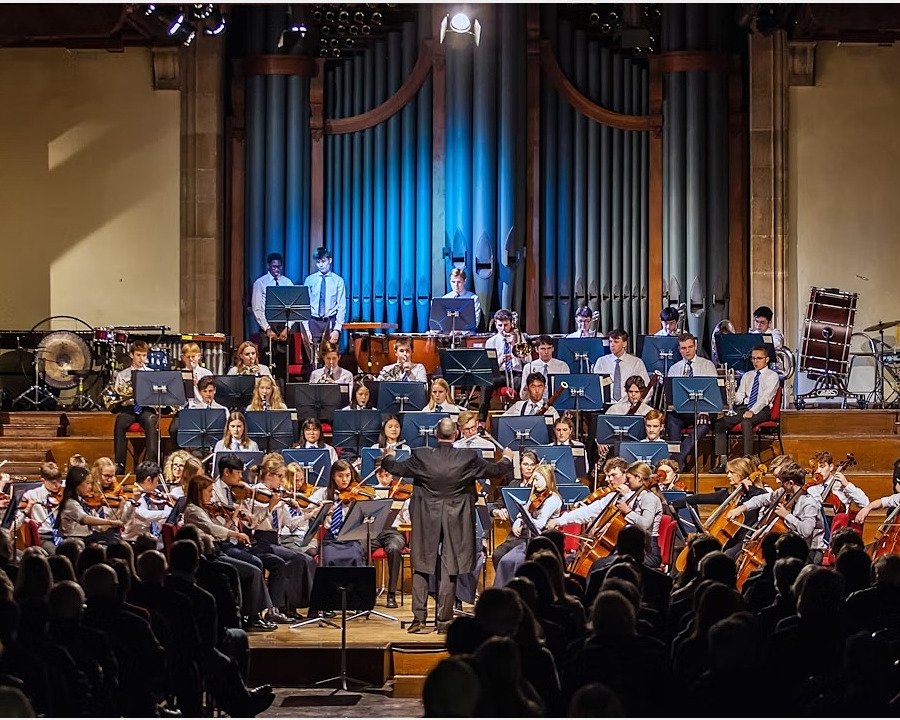 A big symphony orchestra performing a concert in front of a big audience
