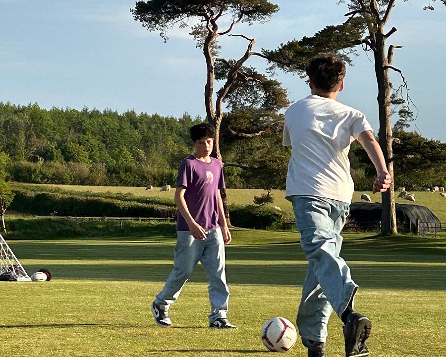 Boys in jeans and t-shirts kicking football on green lawn