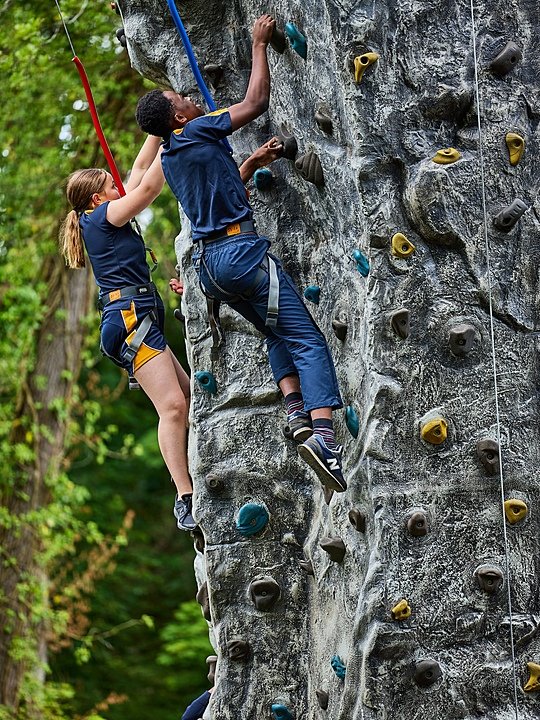 Two Christ's Hospital students on an outdoor climbing wall