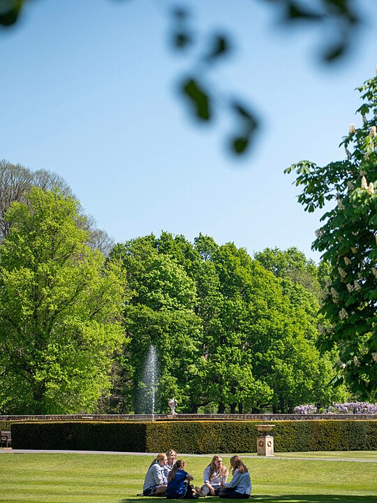 Pupils sitting in the sunshine on a lawn with a fountain in the background