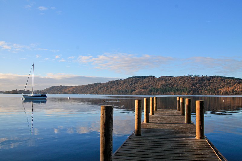Wooden jetty extending into the calm waters of Lake Windermere.