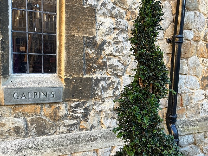 an old window with lead-lining in a stone wall with a sculptured bush next to it