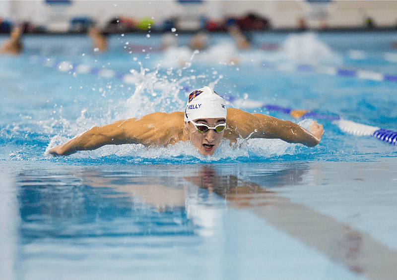 A swimmer performing the dolphin stroke in his lane in the swimming pool