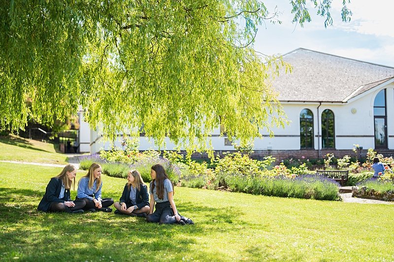students in their uniforms are sitting underneath a tree on the grass chatting